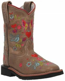 Dan Post Girls' Floral Embroidered Western Boots - Square Toe Taupe